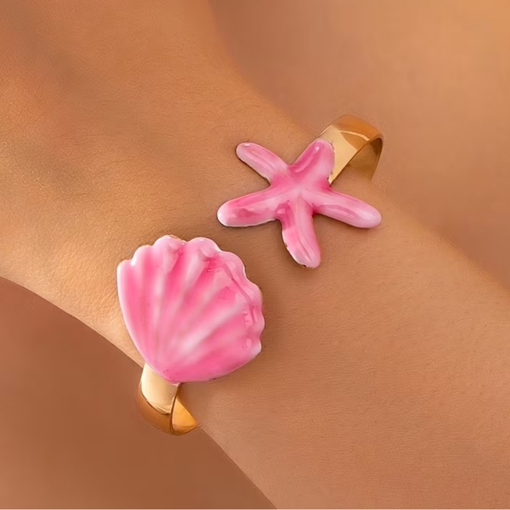 NEW Gold and Pink Seashell and Starfish Cuff Bracelet
